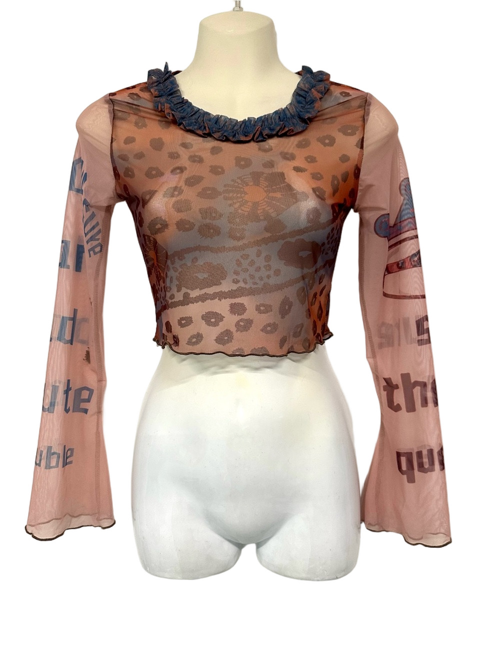 Kollyy Mesh Crop Top Small Y2K Floral Leopard Print Flare Sleeve Sheer Ruffle